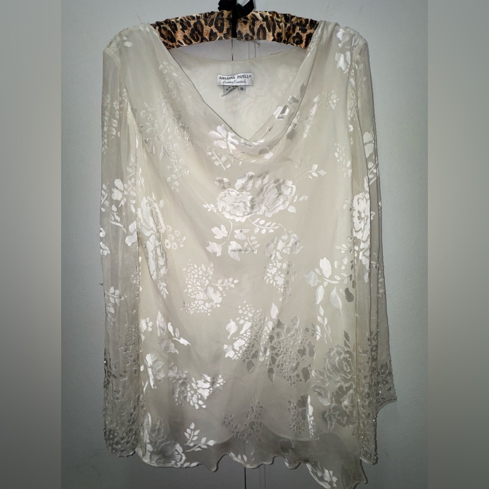 Vintage 90s Adrianna Papell White Long Sleeve Silk Blouse XL sequins fairy